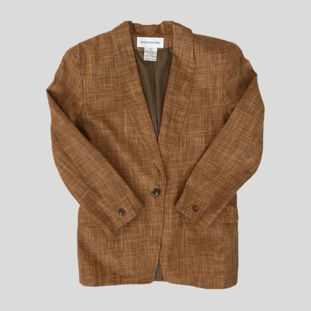 Vintage 90s Jones New York Brown Neutral Plaid Tailored Blazer Jacket Women's 12